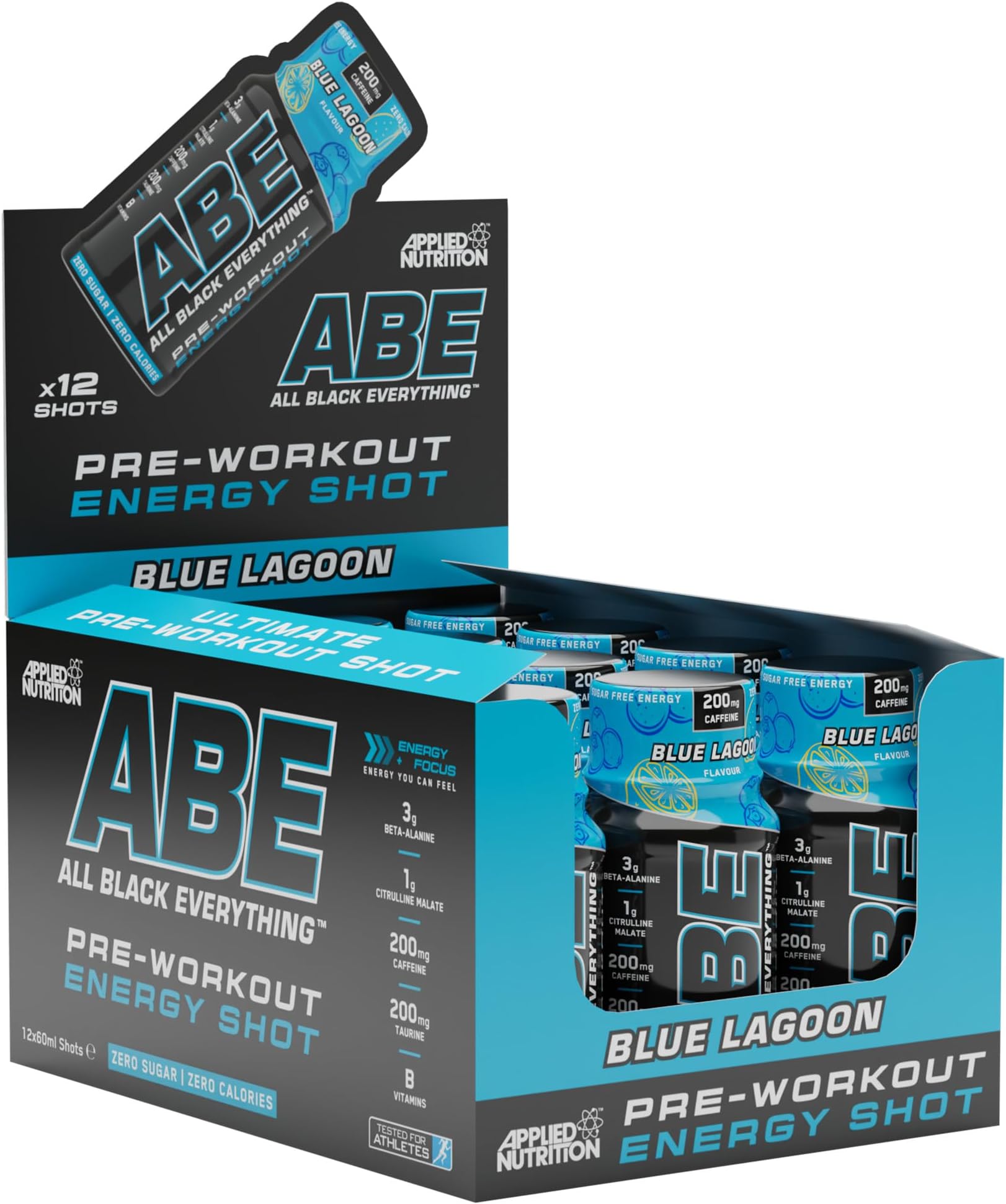 Applied Nutrition ABE Pre Workout Shot - All Black Everything Pre Workout Energy Shots, Physical Performance with Citrulline, Beta Alanine, Caffeine (Box 12 Units x 60ml) (Blue Lagoon)