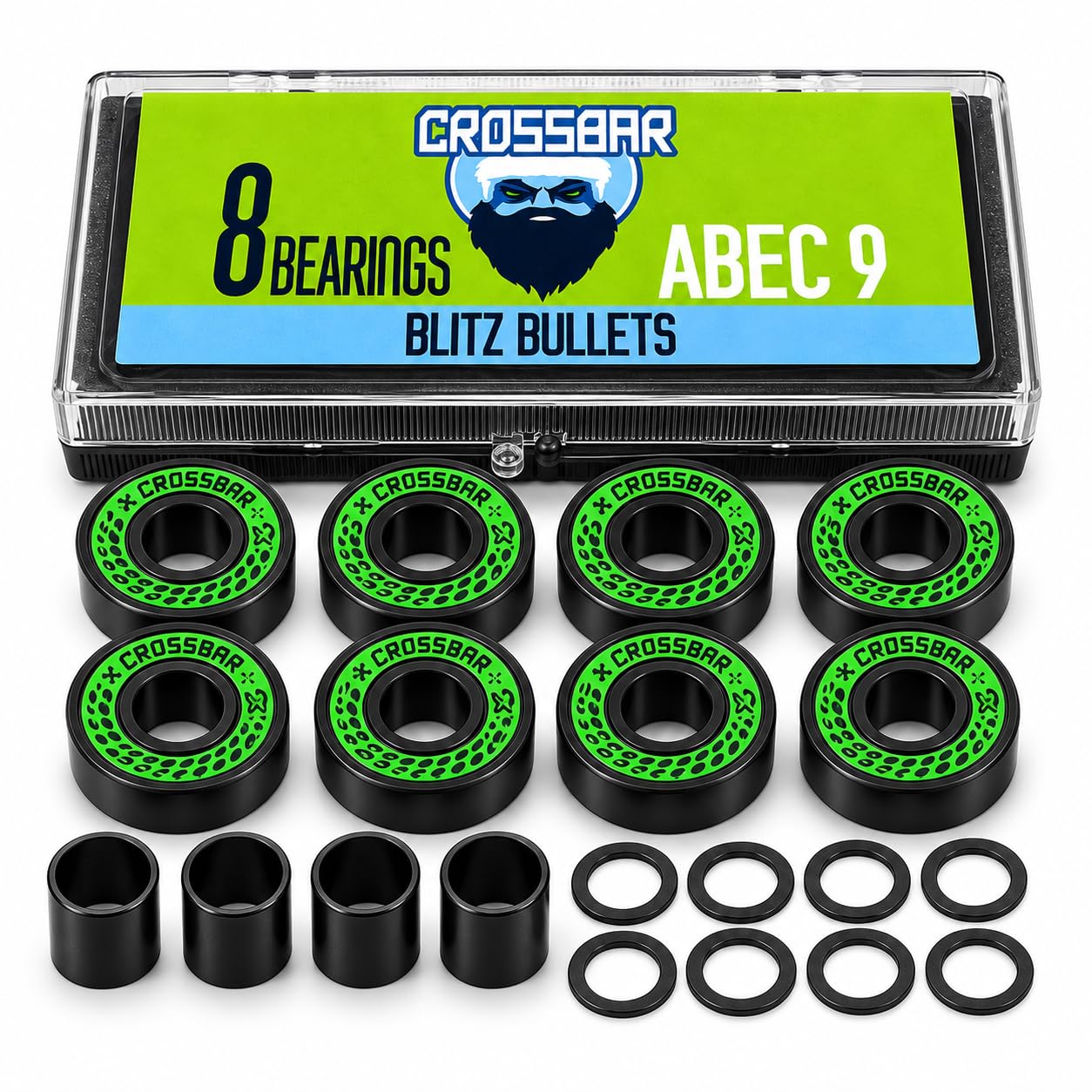 Crossbar ABEC-9 608 Bearings for Inline & Roller Hockey Skates, 8 Pack