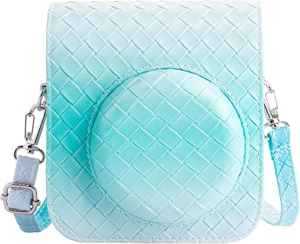 MUZIRI KINOKOO Case for Fujifilm Instax Mini 12 Instant Film Camera, PU Leather Gradient Weave Veins Fuji Mini 12 Protective Case with Shoulder Strap - Blue