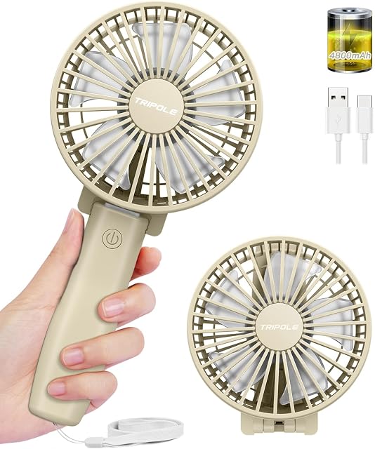 TriPole Handheld Fan Rechargeable, 4800mAh Foldable Battery USB Desk Fan, 6-21hrs Personal Pocket Fan, 3-Speed Mini Handheld Fan 180°Adjustable Portable Fan Handheld for Indoor, Outdoor-Beige