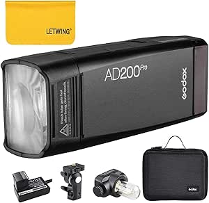 Godox AD200 Pro AD200Pro Flash Strobe, 200w 2.4G TTL 1/8000 HSS Speedlite with 2900mAh Lithium Battery, 500 Full Power Monolight，Bare Bulb/Speedlite Fresnel Flash Head