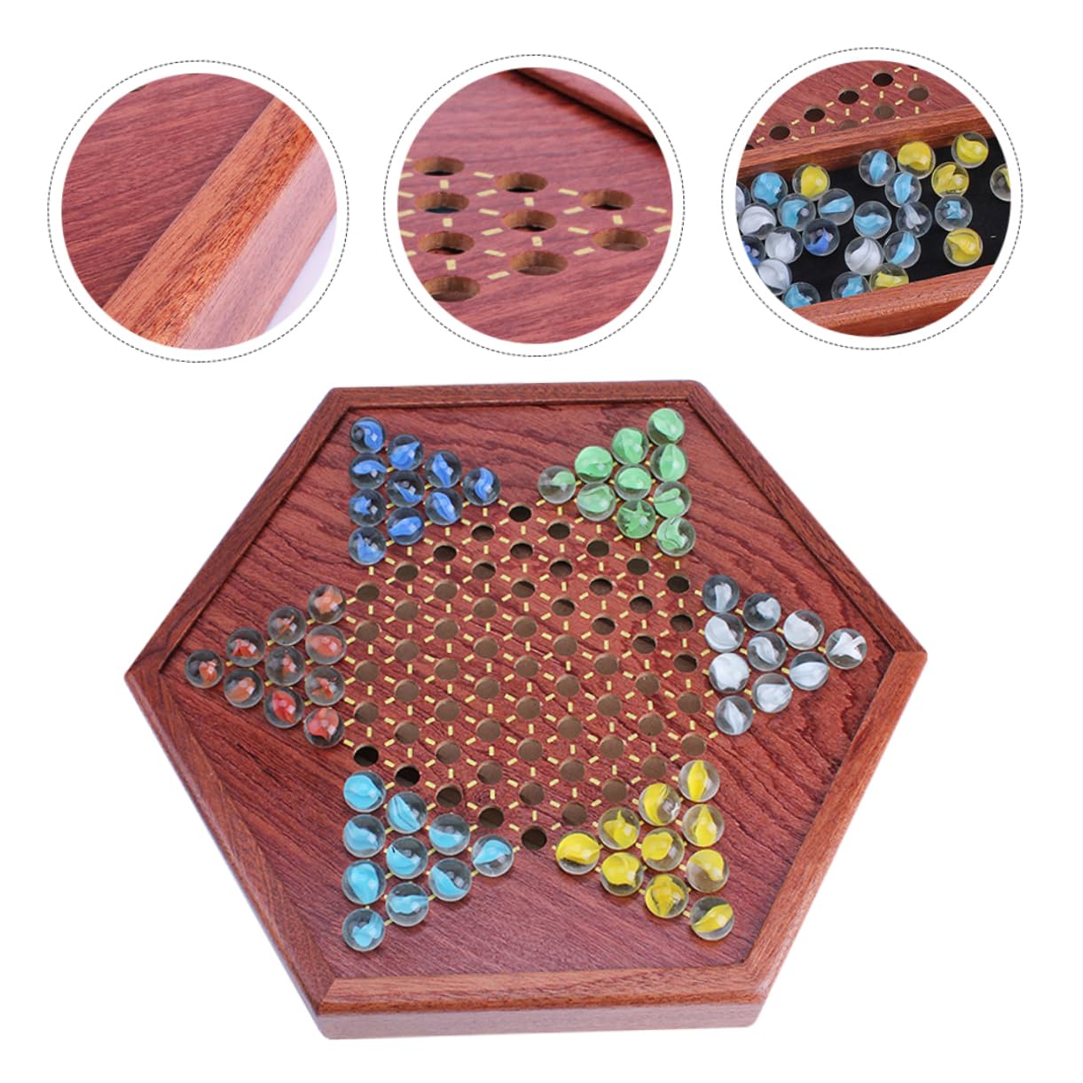 BESTonZON Damas Chinas De Madera con De Vidrio para Niño Niña y Adultos Tablero Hexagonal Educativo y Divertido para