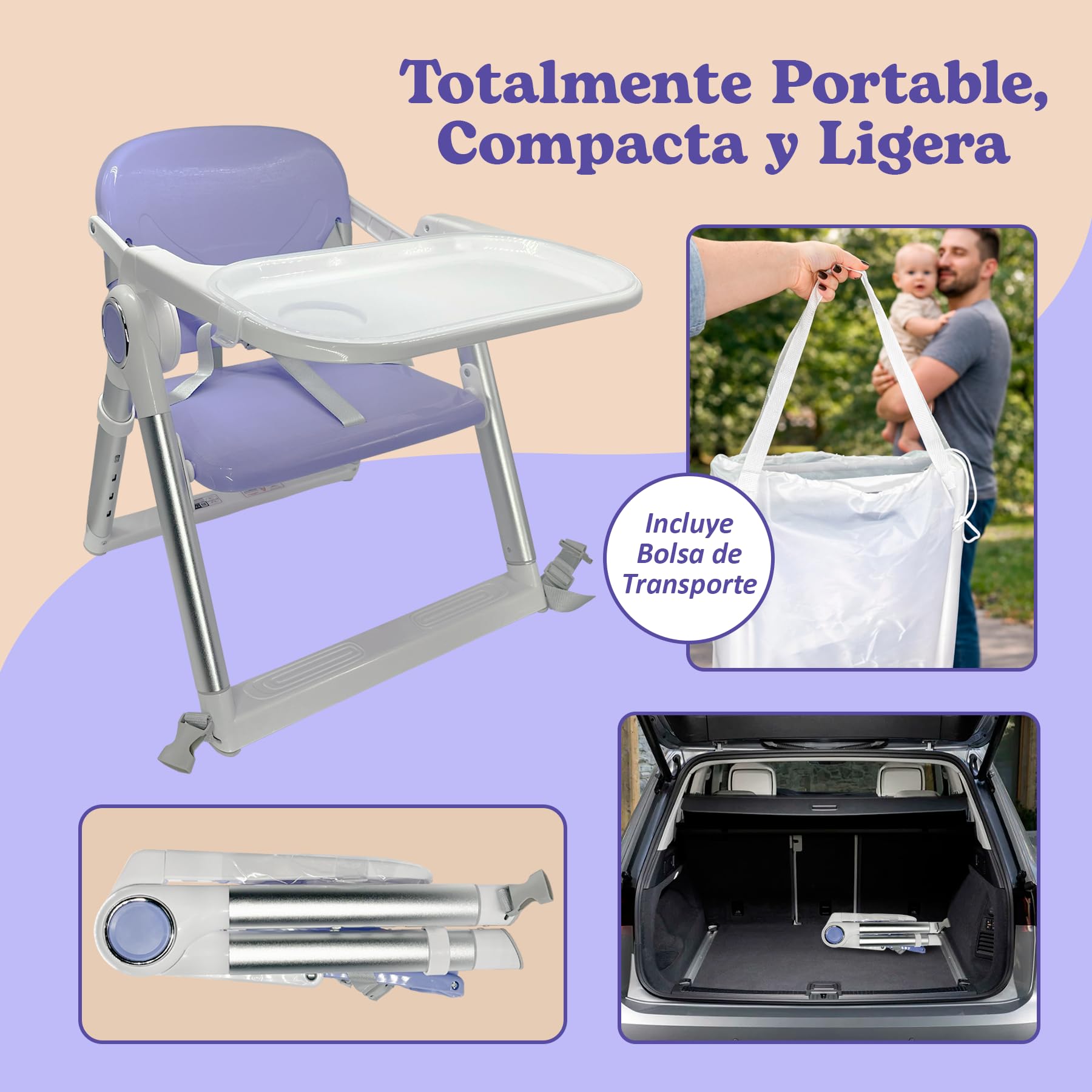 Chaise Haute Bébé Portable Pliable Premium 2 en 1, Rehausseur de Chaise avec Sangles de Fixation, 4 Hauteurs Réglables, Tablette Amovible, Sac de Transport, 6–36 Mois jusqu’à 15 kg (Lilas + Argent)