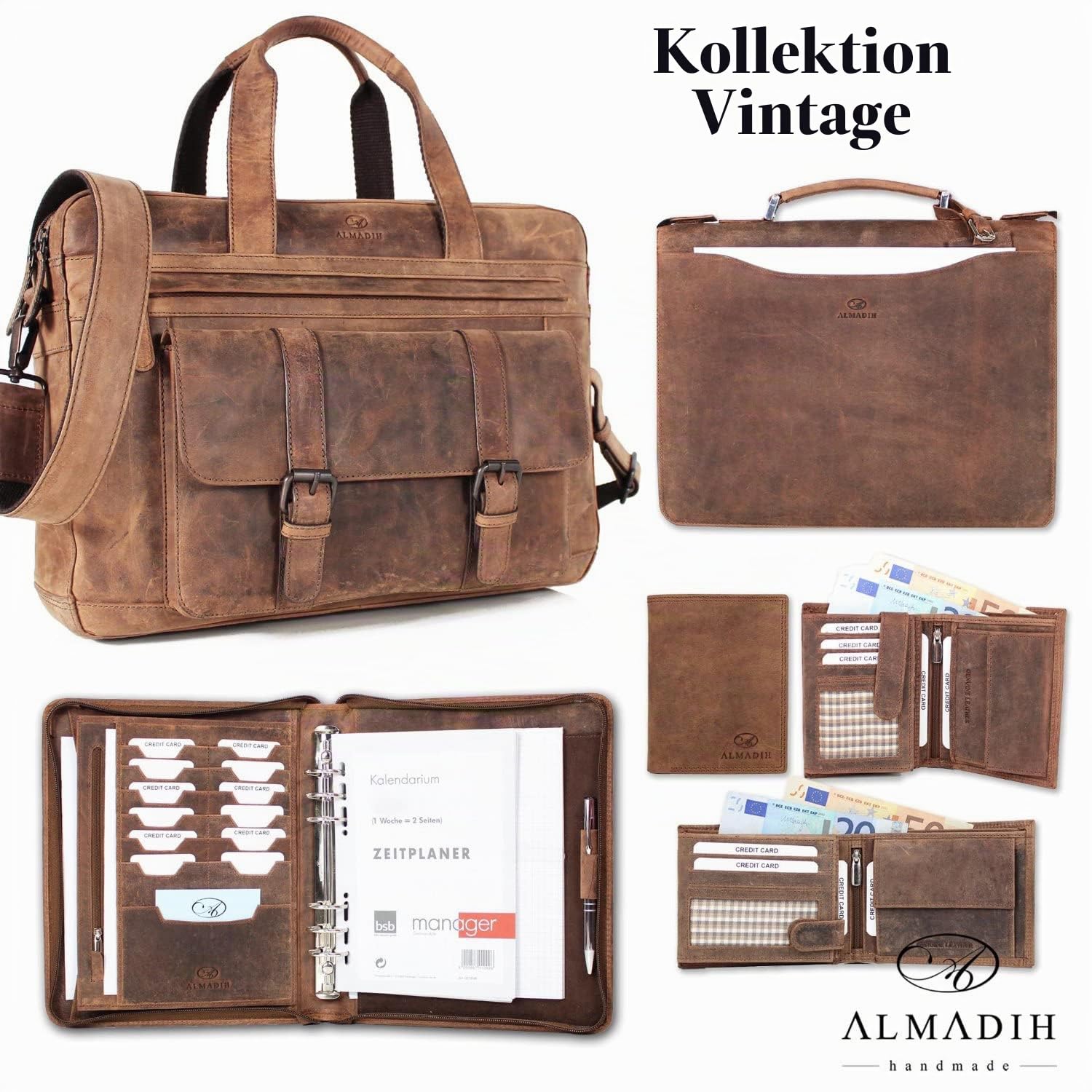 ALMADIH Leder Schreibmappe A5 Premium Rindsleder BV Ledermappe Mappe Organizer Aktenmappe Konferenzmappe Terminplaner Systemplaner Terminkalender Dokumentenmappe Planer vintage (Braun Antik)