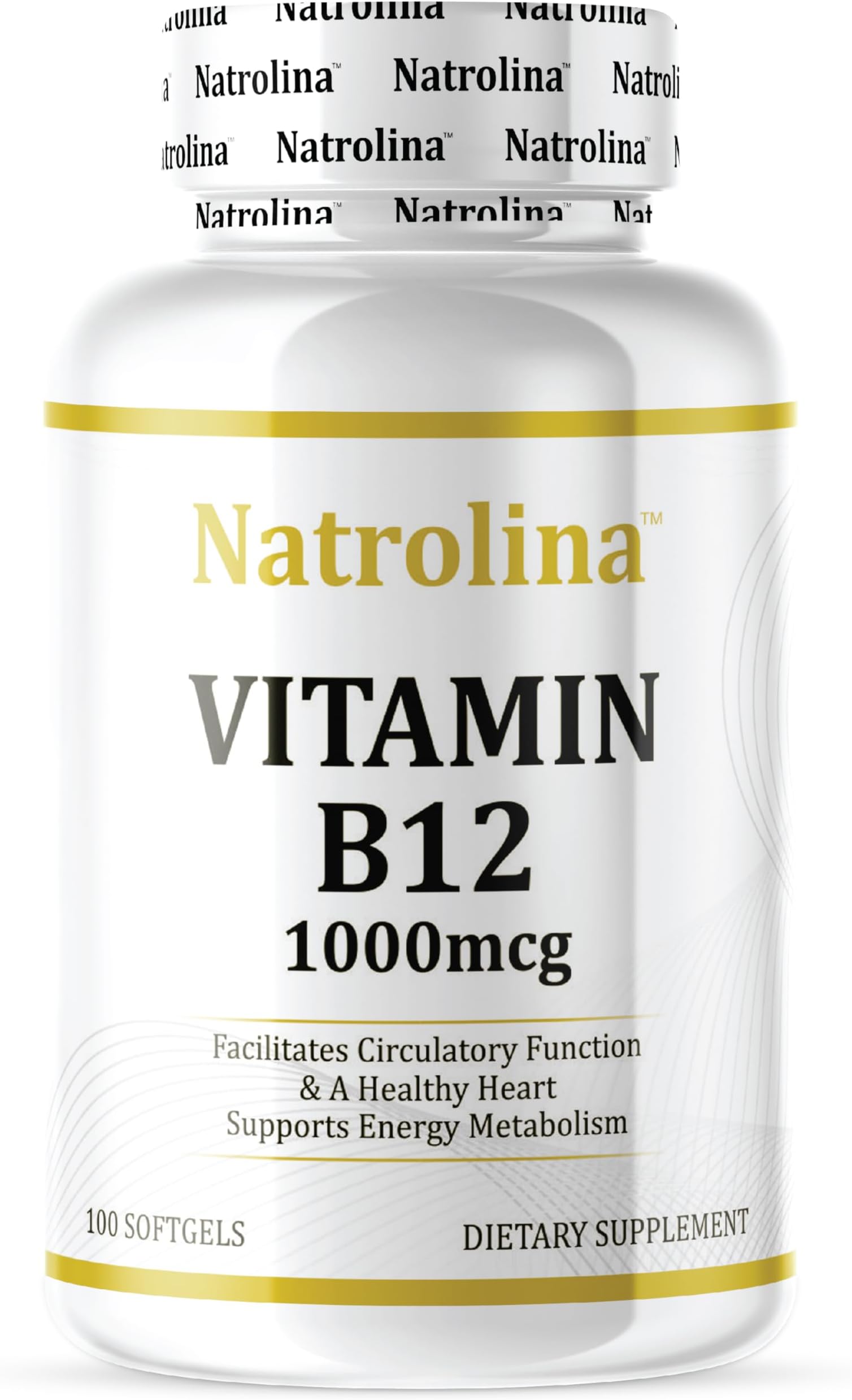 Natrolina Vitamin B12 1000 mcg 100 Softgels with Folic Acid Supports circulatory function, healthy heart, and nervous system | Cyanocobalamin Vitamin B12 Supplements