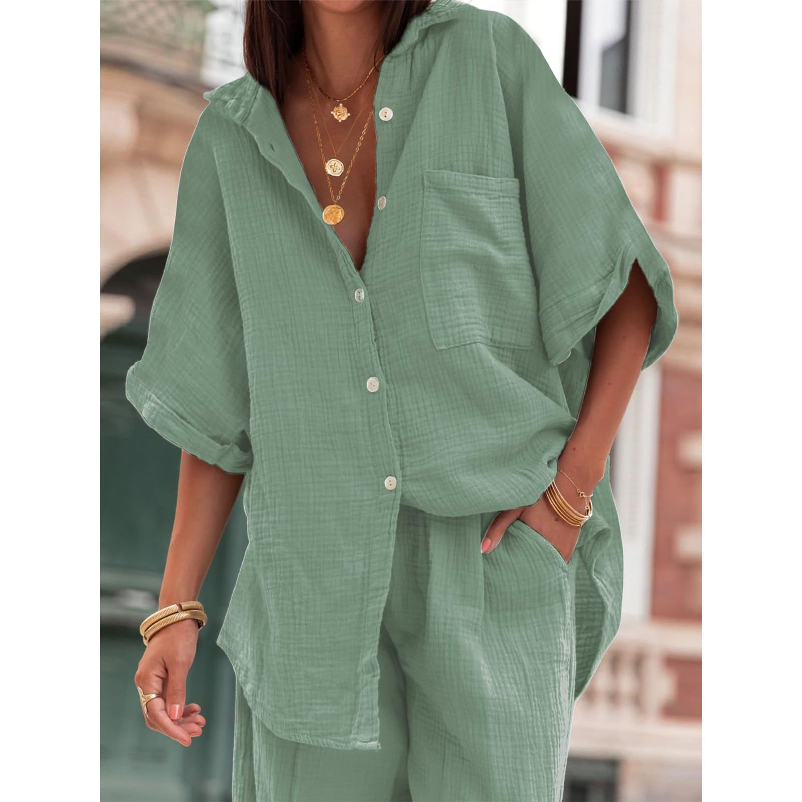 amropi Mujer Conjunto de Manga Corta Botones Camisa y Pantalones Anchos Casual Verano Loungewear