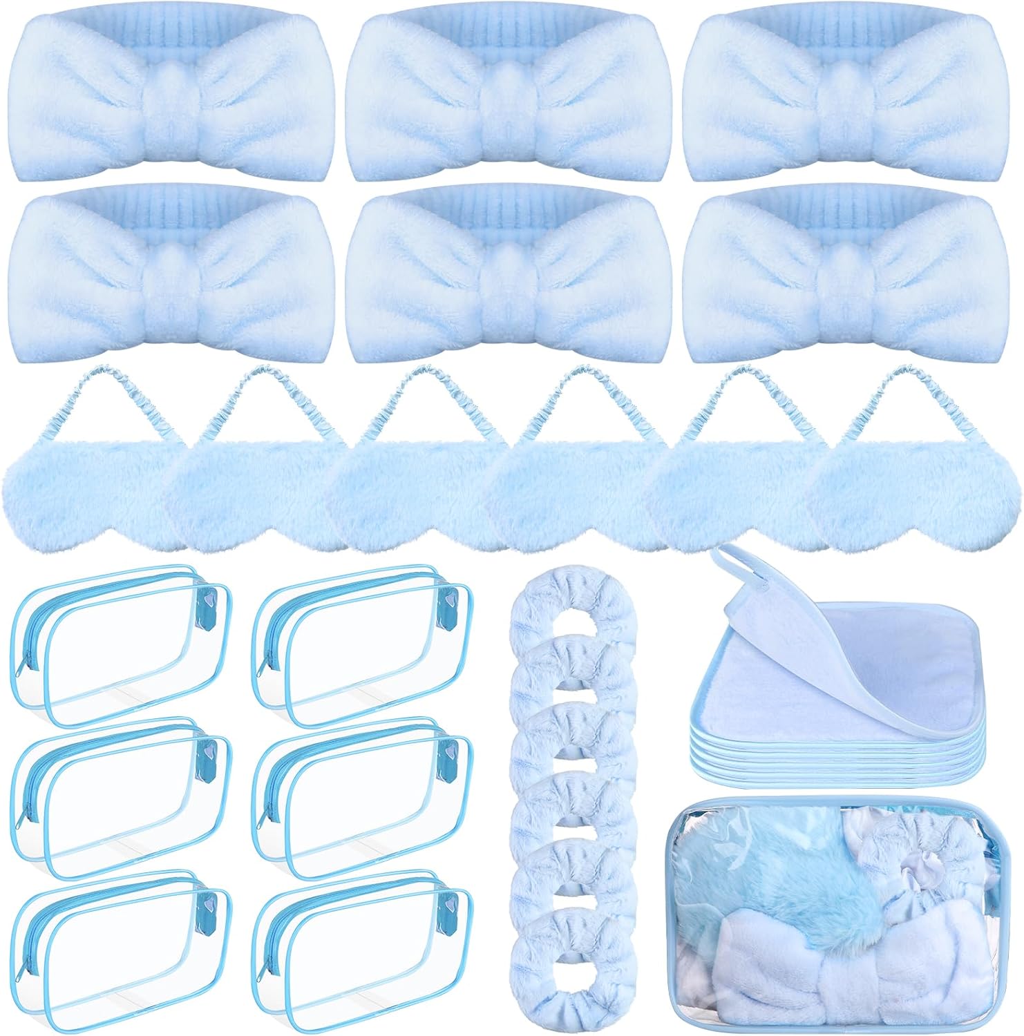 30 Pcs Spa Sleepover Party Supplies 6 Bow Makeup Headband 6 Plush Sleep Eye Mask 6 Velvet Scrunchies 6 Makeup Remover Cloth 6 Clear Cosmetic Bags for Women Slumber Party Favors (Blue)