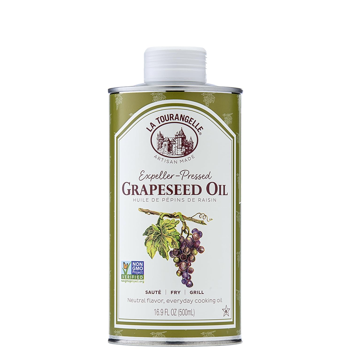 La Tourangelle Expeller-Pressed Grapeseed Oil: High Smoke Point Neutral Cooking Oil for Stir-Fries, Grilling, Cast Iron Seasoning & Beauty Recipes, 16.9 fl oz