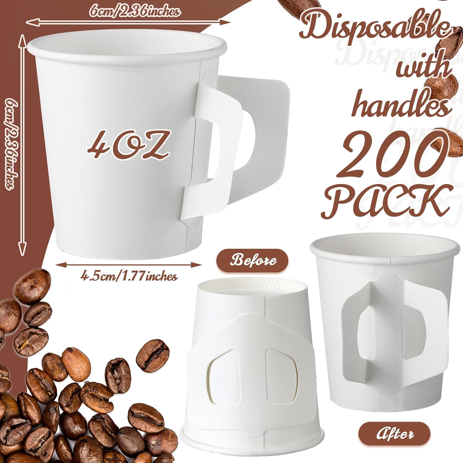 Funtery 50 Count 4 oz Disposable Espresso Cups Bulk with Handles White Disposable Paper Cups for Coffee Espresso Tea Hot Cold Drinking Beverage Cocoa Juice Birthday Events Party Office Supplies