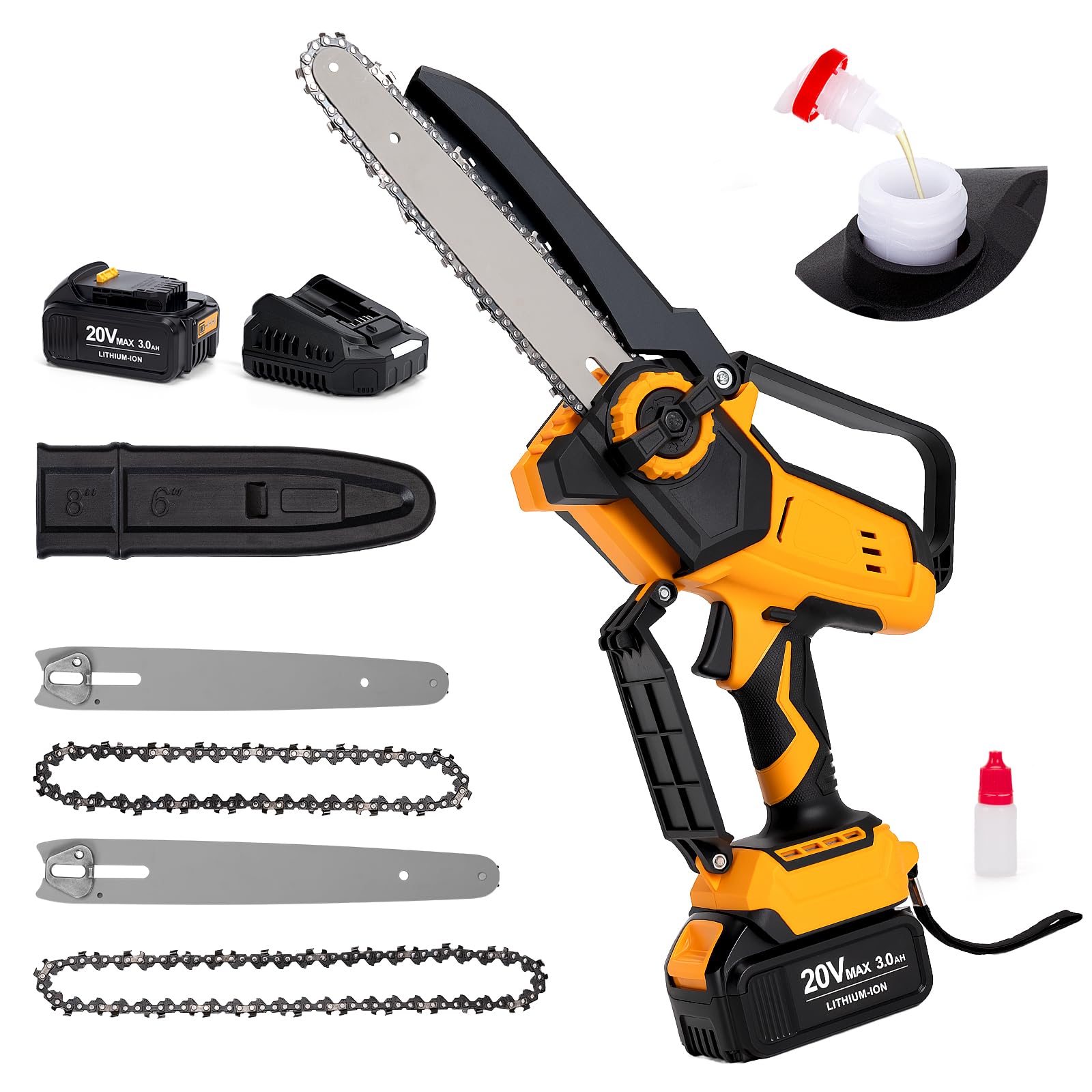 Mini Cordless Chainsaw for Dewalt Battery 20V MAX, 8" & 6" 2-IN-1 400W Electric Brushless Chainsaw with 3000mAh Batteries & Auto Oiler Hand Saw for Wood Cutting, Tree Trimming