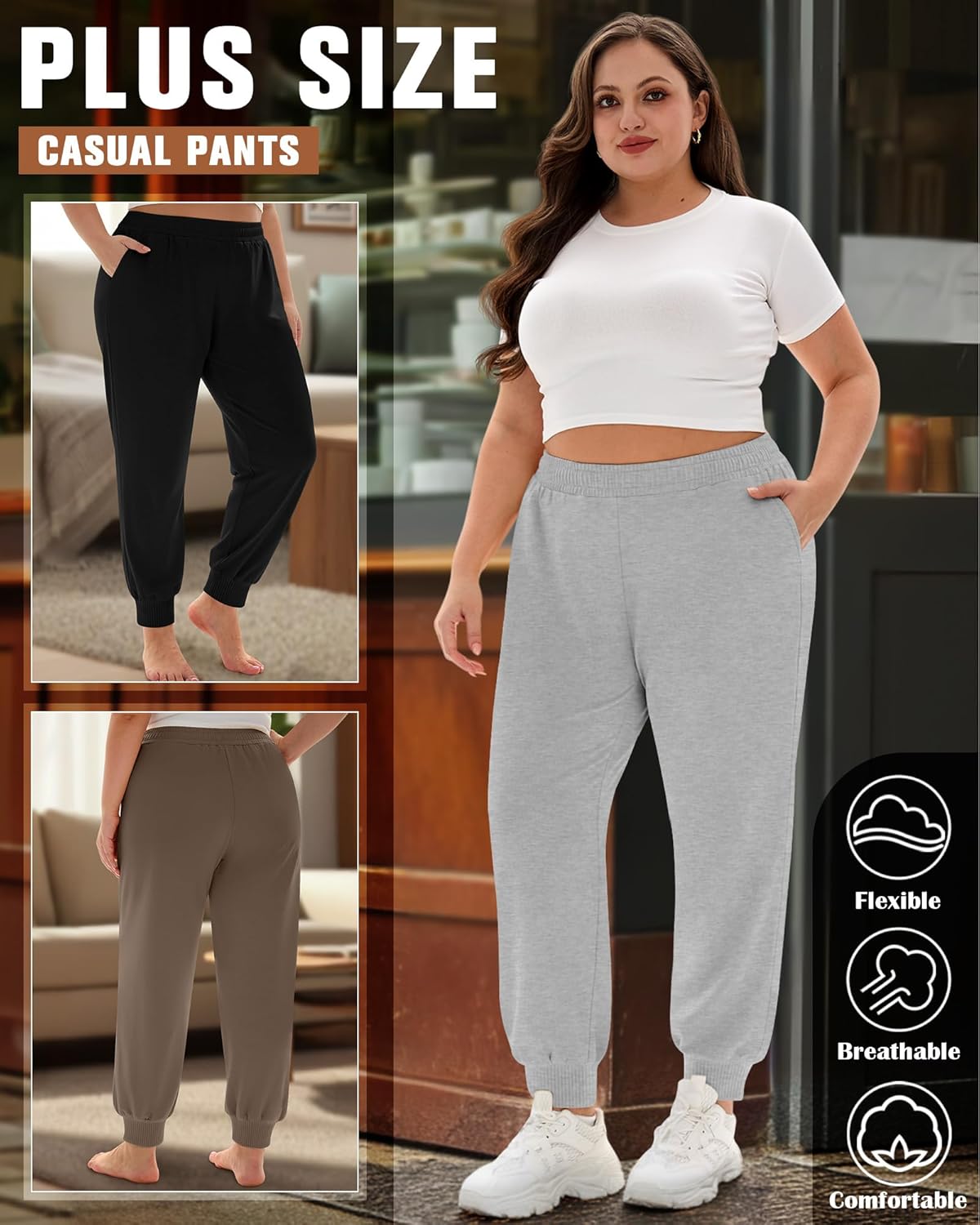 3 Pack Women's Plus Size Sweatpants Joggers Baggy Interior Drawstring Athletic Elastic Waisted Pants with Pockets - Image 5