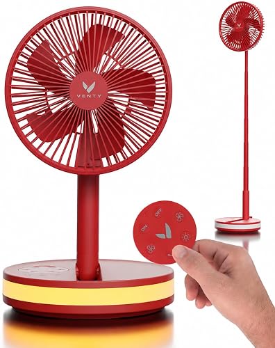 VENTY Portable Fan - Wireless, Battery Operated, 48HR Run Time, Oscillating, Remote Control & LED Lighting, Folding Telescopic Camping Fan (Red with Case)