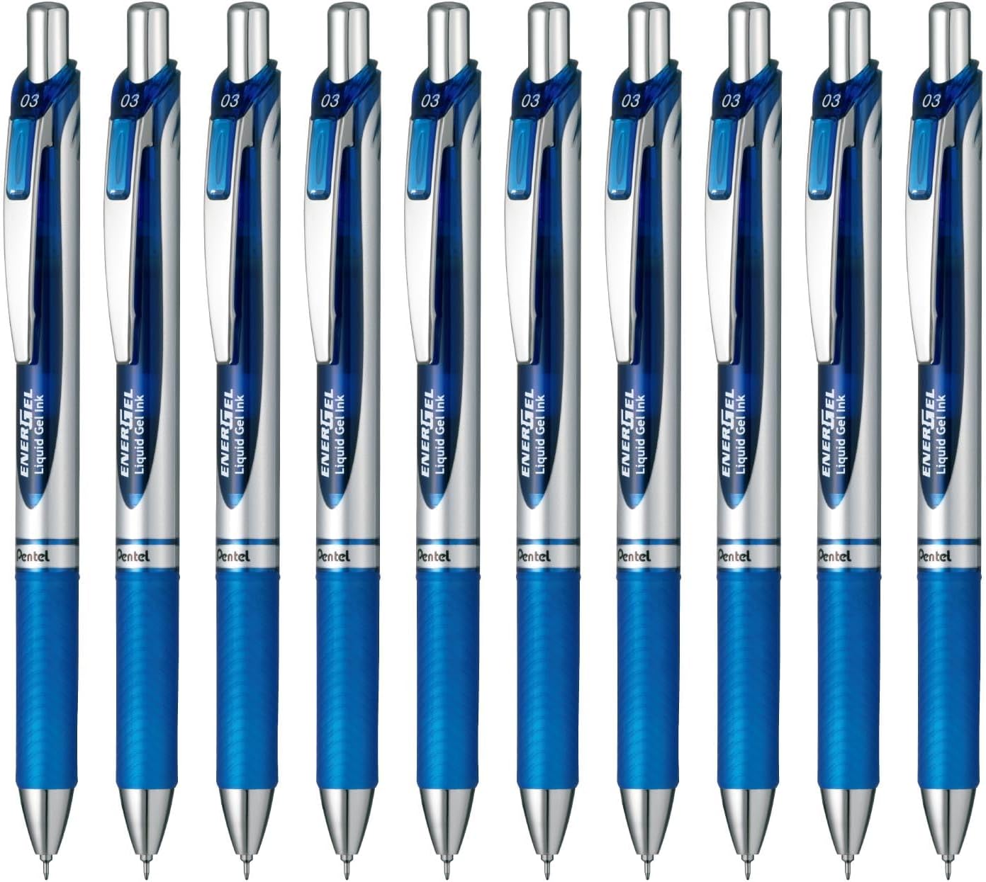 Pentel BLN73-C EnerGel Ink Ballpoint Pen, 0.01 inch (0.3 mm), Blue, 10 Pieces, 0.01 inches (0.3 mm), Blue (Silver Shaft)