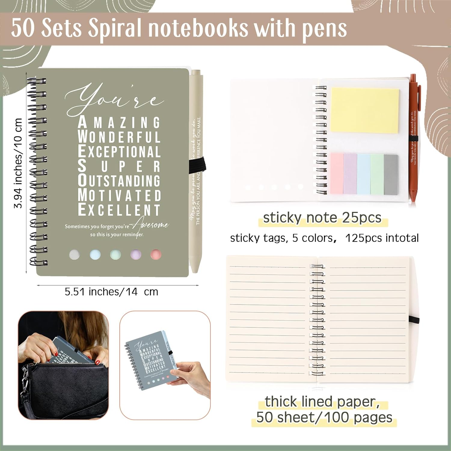 Jetec 100 Pcs/50 Sets Motivational Spiral Notebook with Sticky Notes Pen Bulk Boho Inspirational Journals Employee Appreciation Thank You Gift for Teacher Coworker Staff Team (Morandi)