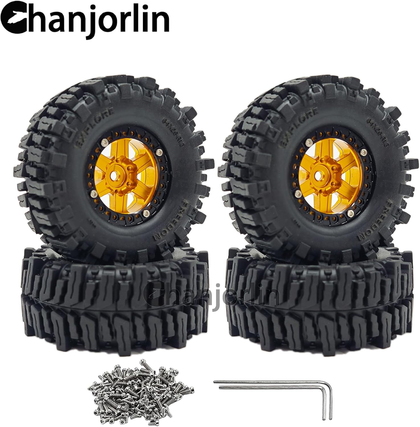 1.3 Rock Crawler Tires and Aluminum Beadlock Wheels 7mm Hex 1/24 1/18 Beadlock Wheels Sticky Tyres OD 2.52" for 1:24 1:18 RC Car Axial SCX24 FMS AX24 FCX24 TRX4M Upgrade 4PCS (Gold-Black)