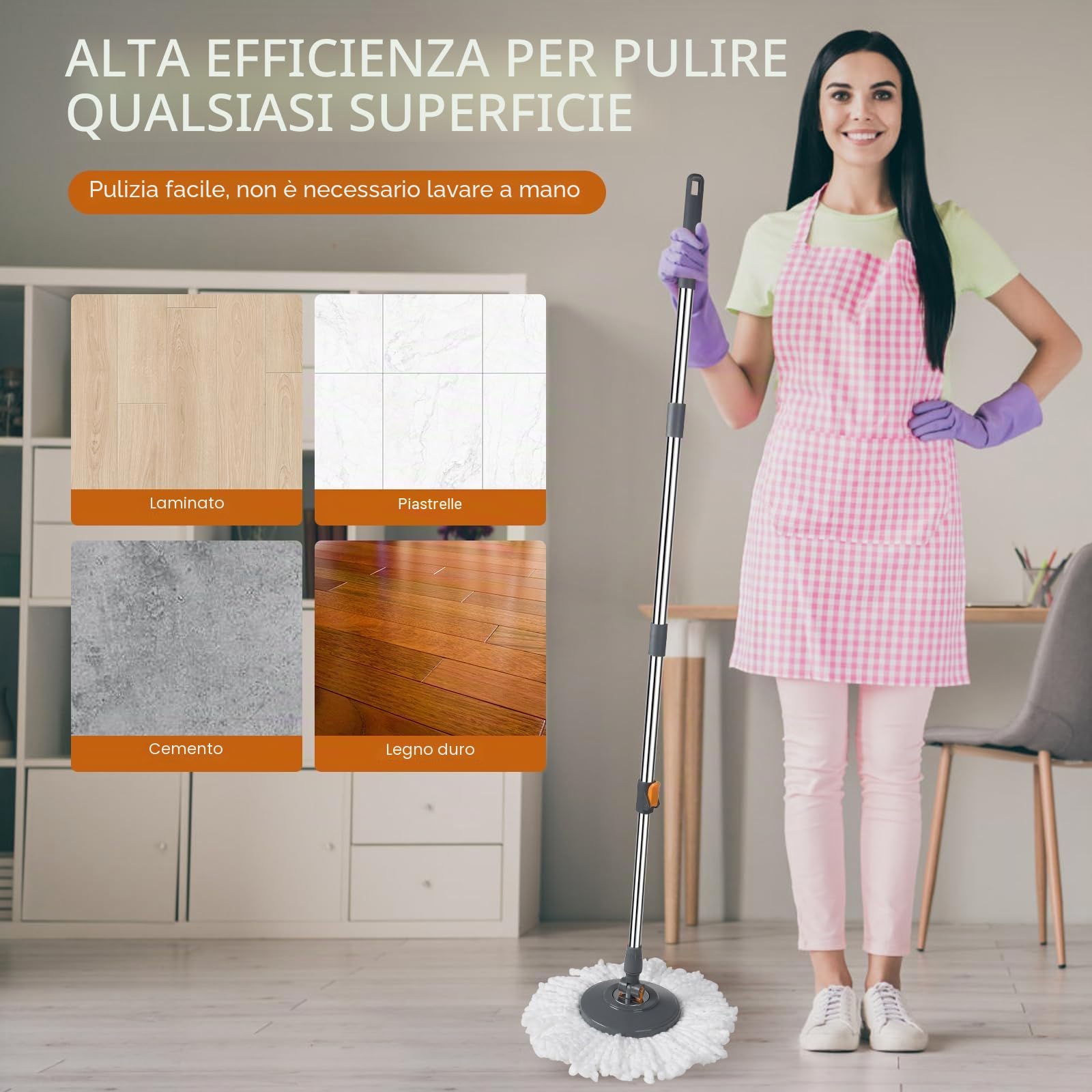 Rainberg Set mocio rotante e secchio con 3 teste extra, manico allungabile da 130 cm, teste in microfibra lavabili in lavatrice, sistema autorestrizzante, grigio e arancione (set mocio rotante)