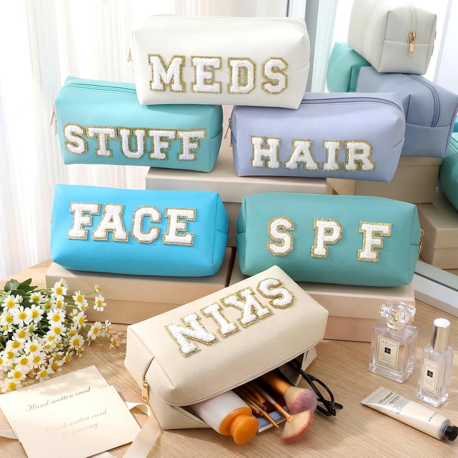 Kigeli 6 Pcs Large Preppy Patch Makeup Bag Chenille Letter Bag PU Leather Waterproof Travel Cosmetic Pouch Patches Makeup Organizer Bags Set for Mother Teacher Nurse Women Girls(Morandi Color)