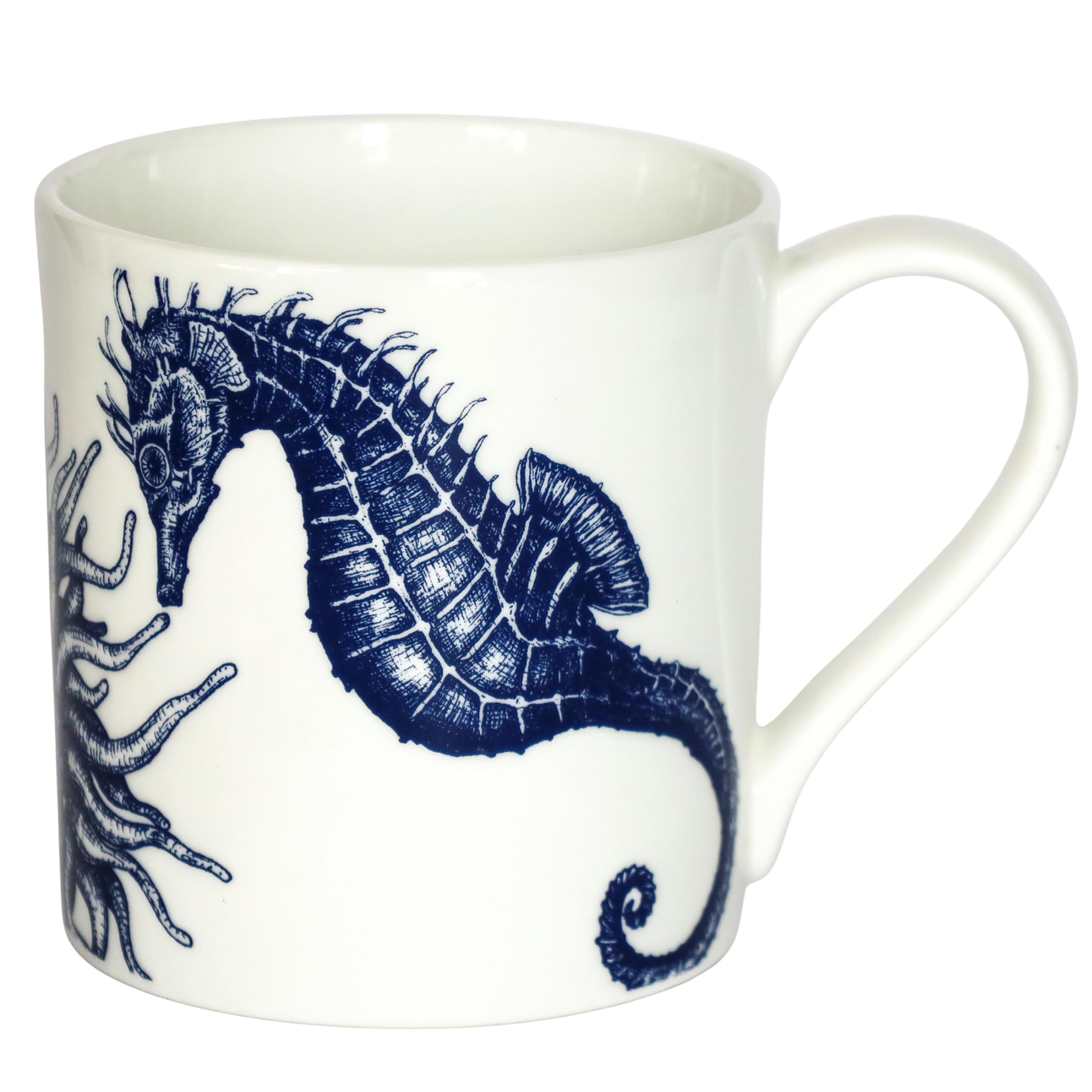 Cream Cornwall Bone China Mug - Seahorse | Premium Tea & Coffee Mug with Hand-Drawn Sealife Artwork | Lightweight, Durable China Mug Gift for Nature, Animal & Ocean Lovers (1 x, 375 ml)