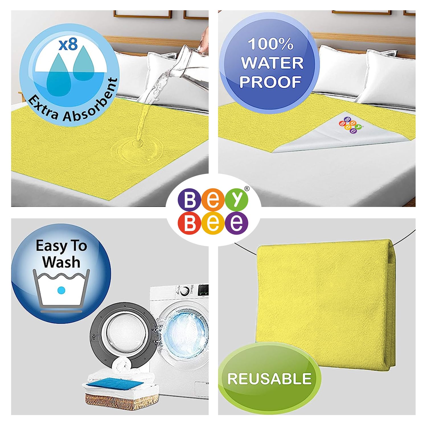 BeyBee Waterproof Quick Dry Sheet for Baby| Bed Pad Anti-Piling Fleece Extra Absorbent Washable Matress Protector| Baby Bed Protector Sheet for Toddler Children, Small Size, 50x70cm, Yellow - Image 3 thumbnail