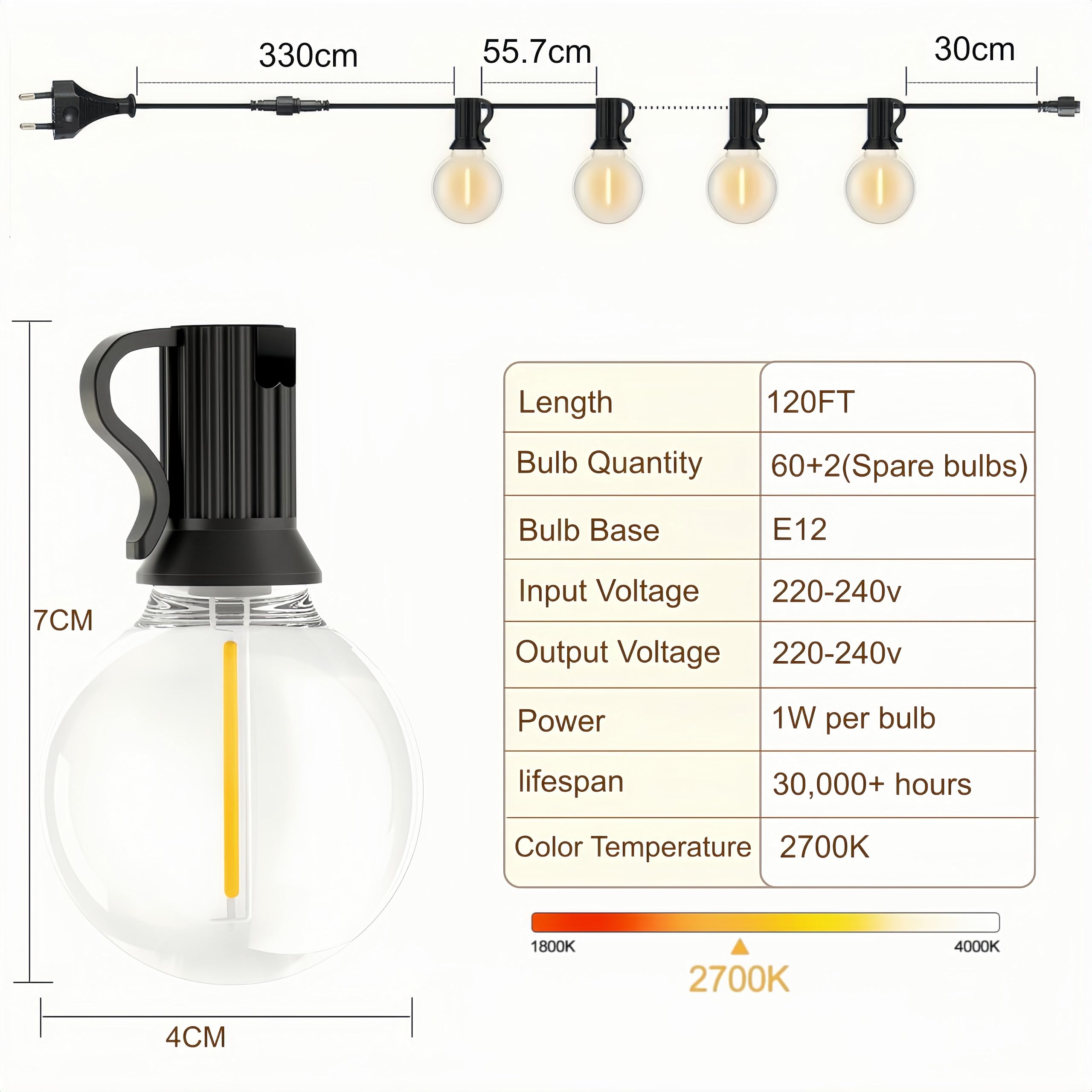 LED Lichterkette Außen 36M, Wasserdicht und Bruchsicher | Anschlussfähig Lichterkette Outdoor Strom mit 60+2 Glühbirnen Plastik, 2700K Warmweiß für Garten, Terrasse, Balkon