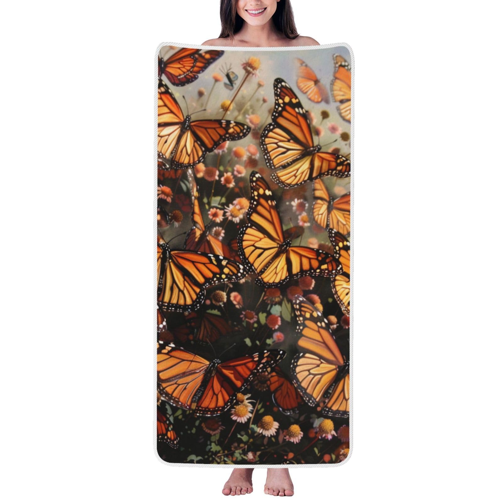 WPKJU Monarch Butterflies Printed Bath Towel with White Edging - 27x55 in Soft Extra Absorbent Coral Velvet Shower Towels for Bathroom