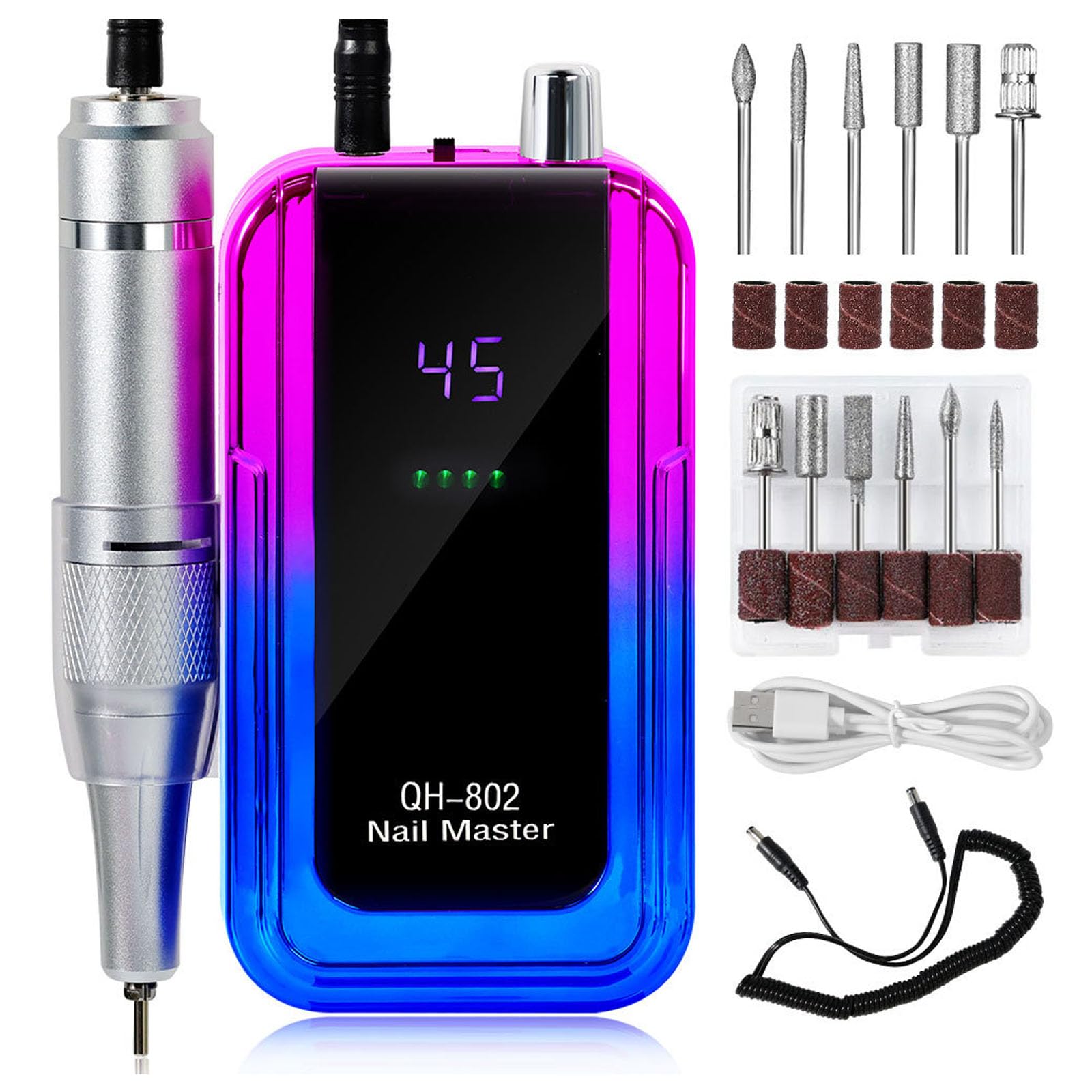 Trapano per unghie ricaricabile a batteria 45000 giri/min, lima per unghie elettrica portatile con display LCD a conchiglia RGB sfumato, per rimozione gel acrilico salone,colorful blue