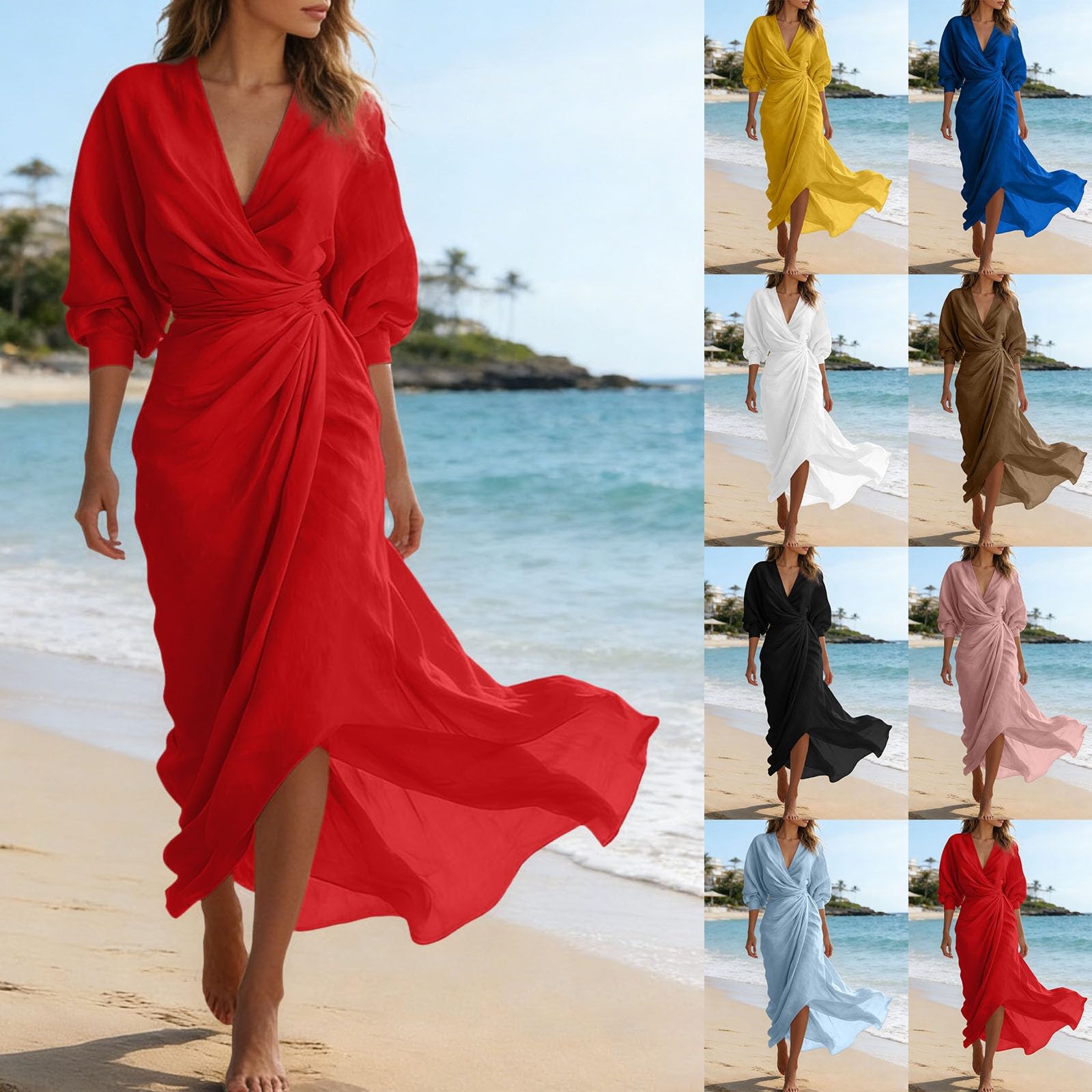 Robe Longue Femme Été Chic et Elegant Col en V Évasées Fendues Robes Fluide Taille Haute Décontractée Boheme Robe de Plage à Manches à Volants Casual Robes D'été Swing Maxi Dress pour Soirée Cocktail