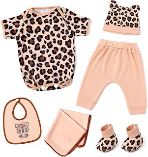 Juego de 6 piezas de ropa de muñeca para bebé renacido BABESIDE para muñecas de bebé de 17-22 pulgadas | Accesorios de muñeca para bebé renacido realistas con estampado de leopardo con sombrero, babero y medias para muñecas realistas para niño y niña
