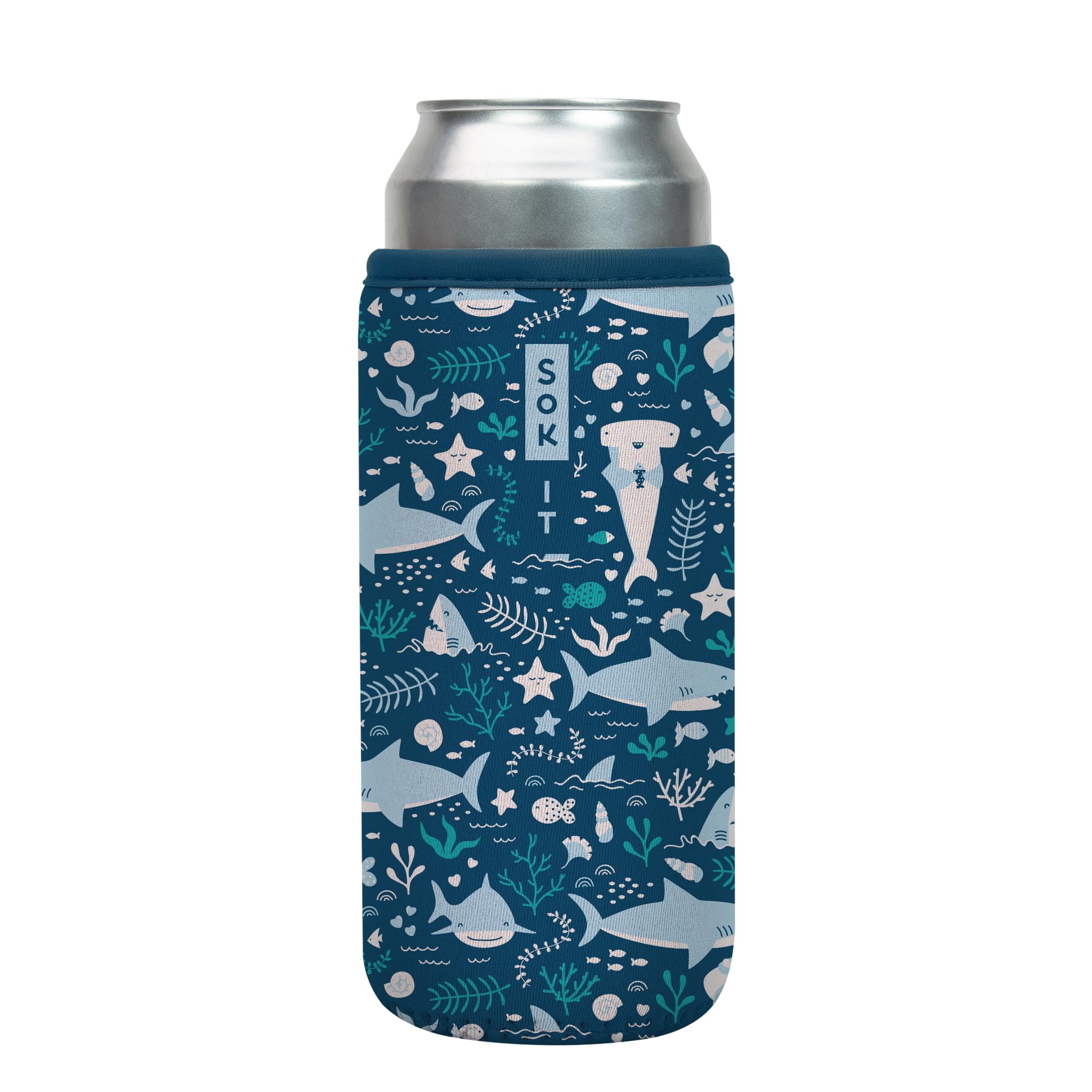 Sok It CanSok Sleeve for Beer & Soda Insulated Neoprene Cover (Happy Sharks, 25oz Can Sleeve)