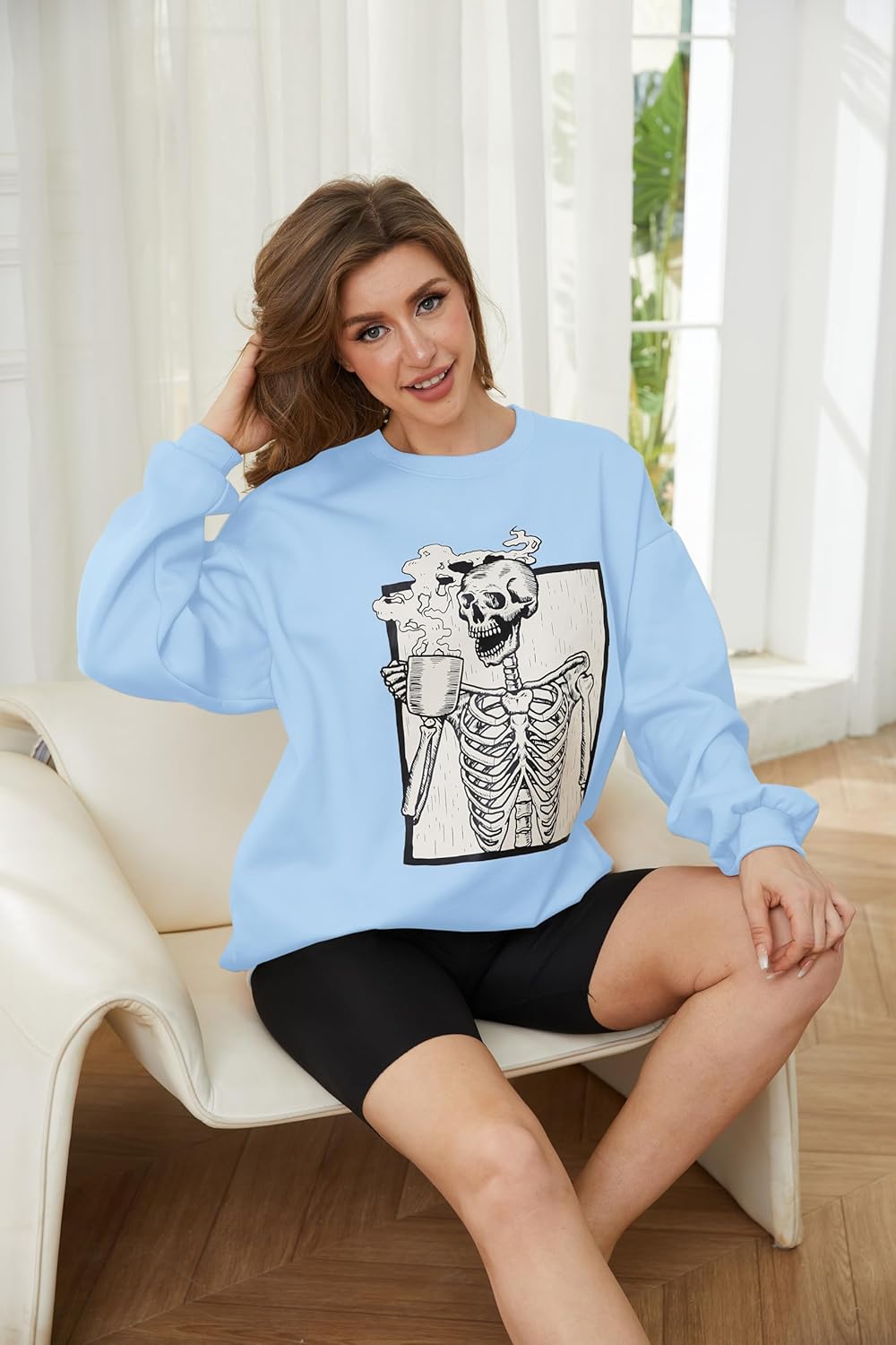 Meladyan Halloween Skull Graphic Print Fleece Oversized Sweatshirt Crewneck Long Sleeve Drop Shoulder Pullover - Image 3