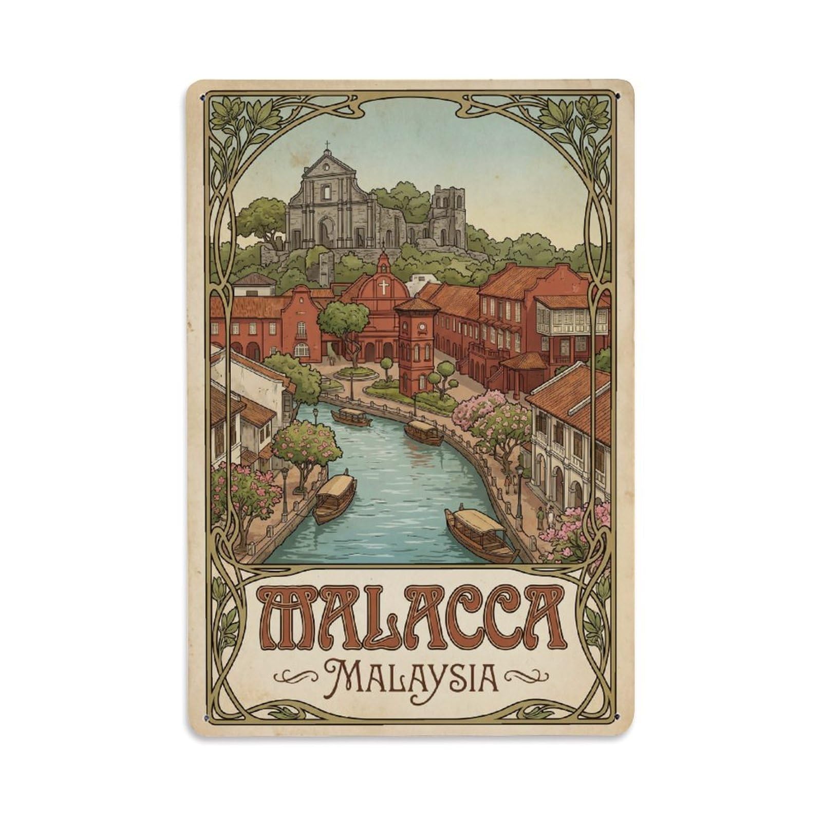 Malaysia Malacca Vintage Travel Metal Tin Sign Plaque Wall Decor for Cafe, Club Bar, Office, Garden Metal Poster 8x12Inch