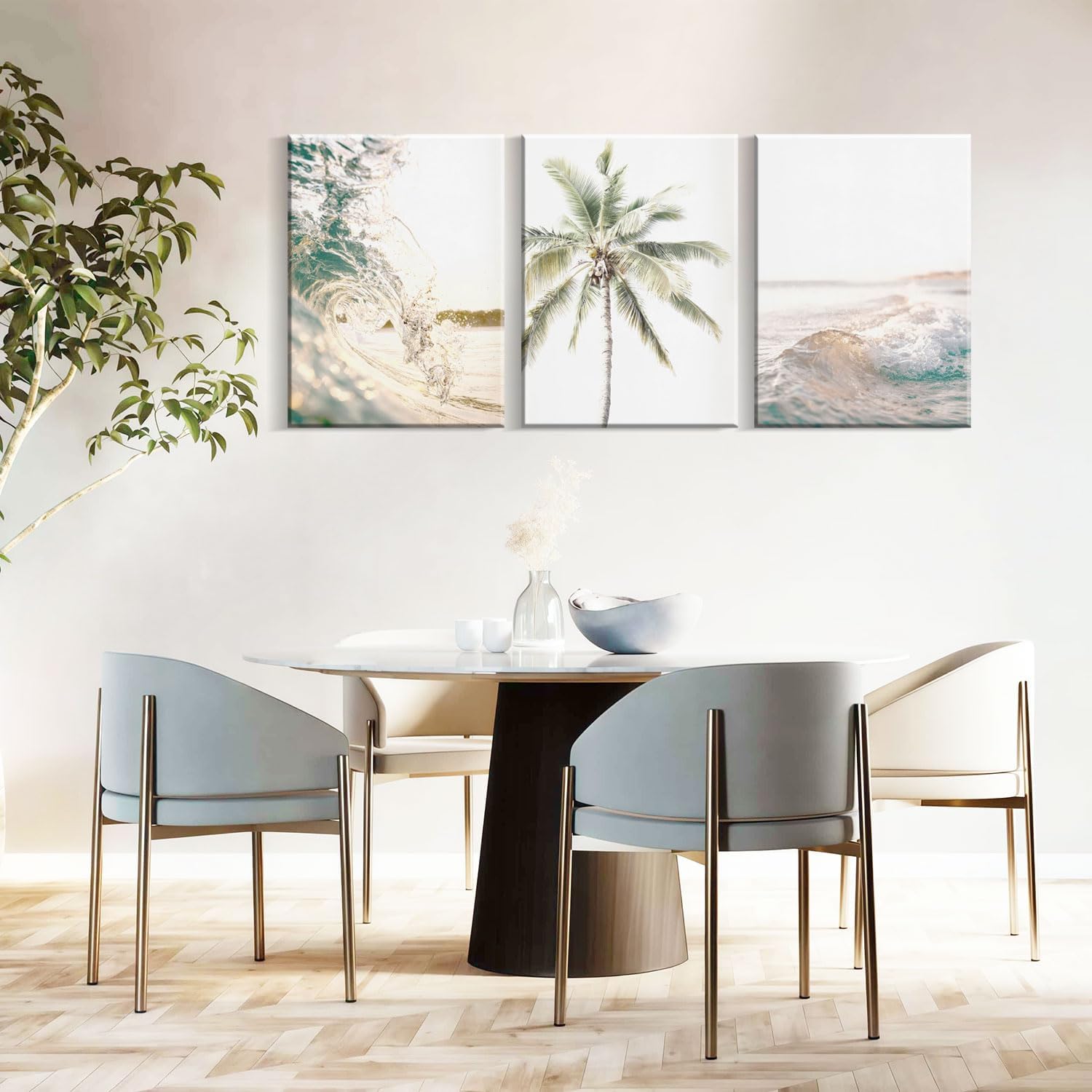 2pcs framed beach ocean waves and palm trees coastal seascape wall art decor canvas print picture poster gallery bedroom living room studio 12x16 inches ready to hang white palm trees 12x16 inches