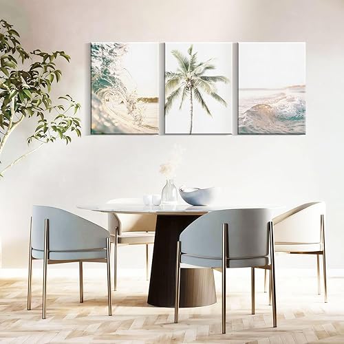 Miniatura 2 de 3 piezas enmarcadas de playa, olas del océano y palmeras, paisaje marino costero, decoración de pared, lienzo impreso, póster para galería,