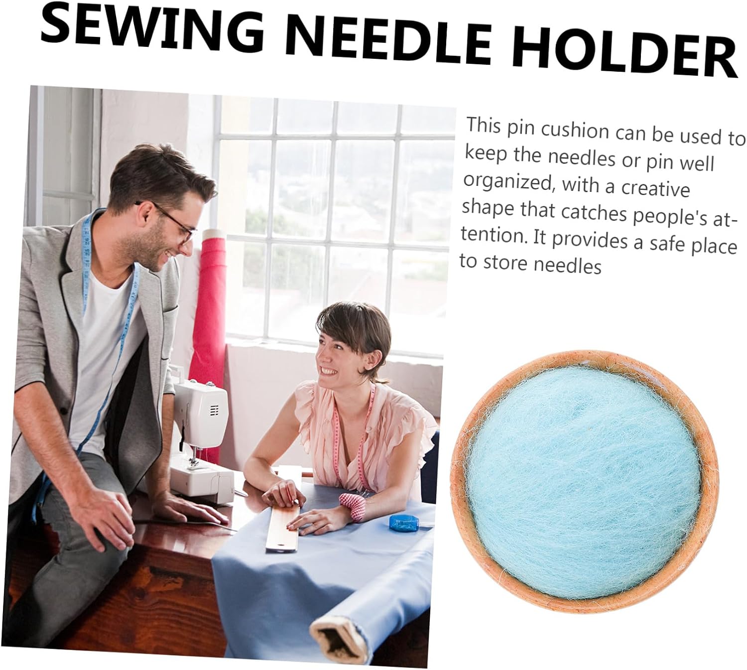 SAFIGLE Half-Round Wool Ball Needle Pin Cushion with Handmade Wooden Base, Portable Sewing Needle Organizer for DIY Crafts and Embroidery, Blue Pincushion Storage Tool for Home Use