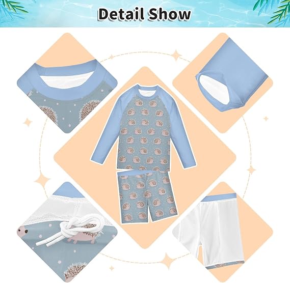 Cute Hedgehog Boys Rash Guard Set 2 Piece UP50+ Swim Set for Boys 3T-10T