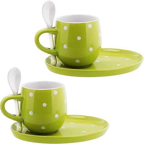 Juego de 2 tazas de café naranja y verde con plato y cuchara de 11 oz