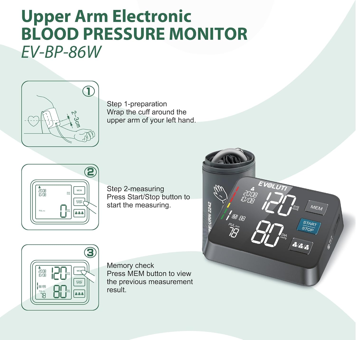 EVOLUTI. Blood Pressure Monitor, EV-BP-86W, LCD Display, Upper Arm Large Adjustable arm Cuff, Automatic Micro air Pump and Electronic Control Valve, 3 x 199 Memories, up to 3 Users.