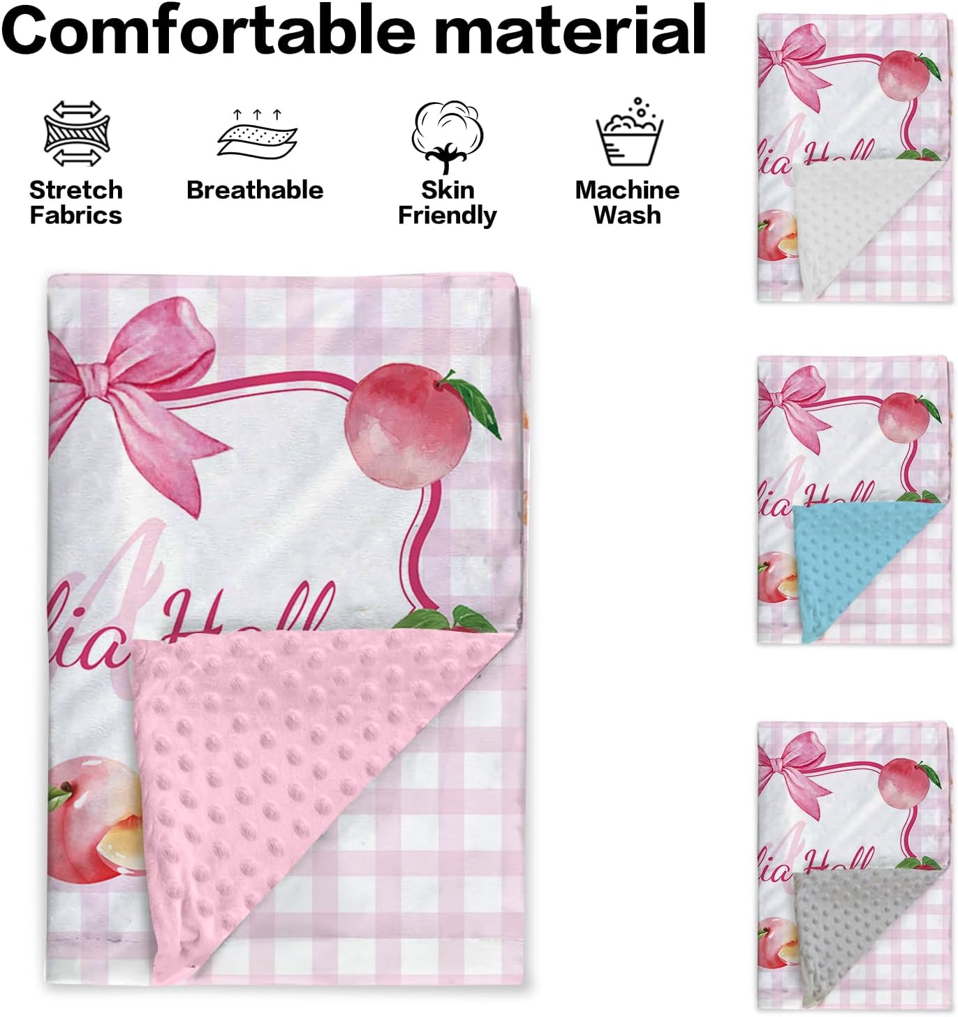 Personalized Baby Blankets with Name – Pink Bow Check Design Custom Toddler Girl Blanket – Soft Minky Dot Blanket for Crib, Nursery, Stroller – Custom Baby Gift for Girls
