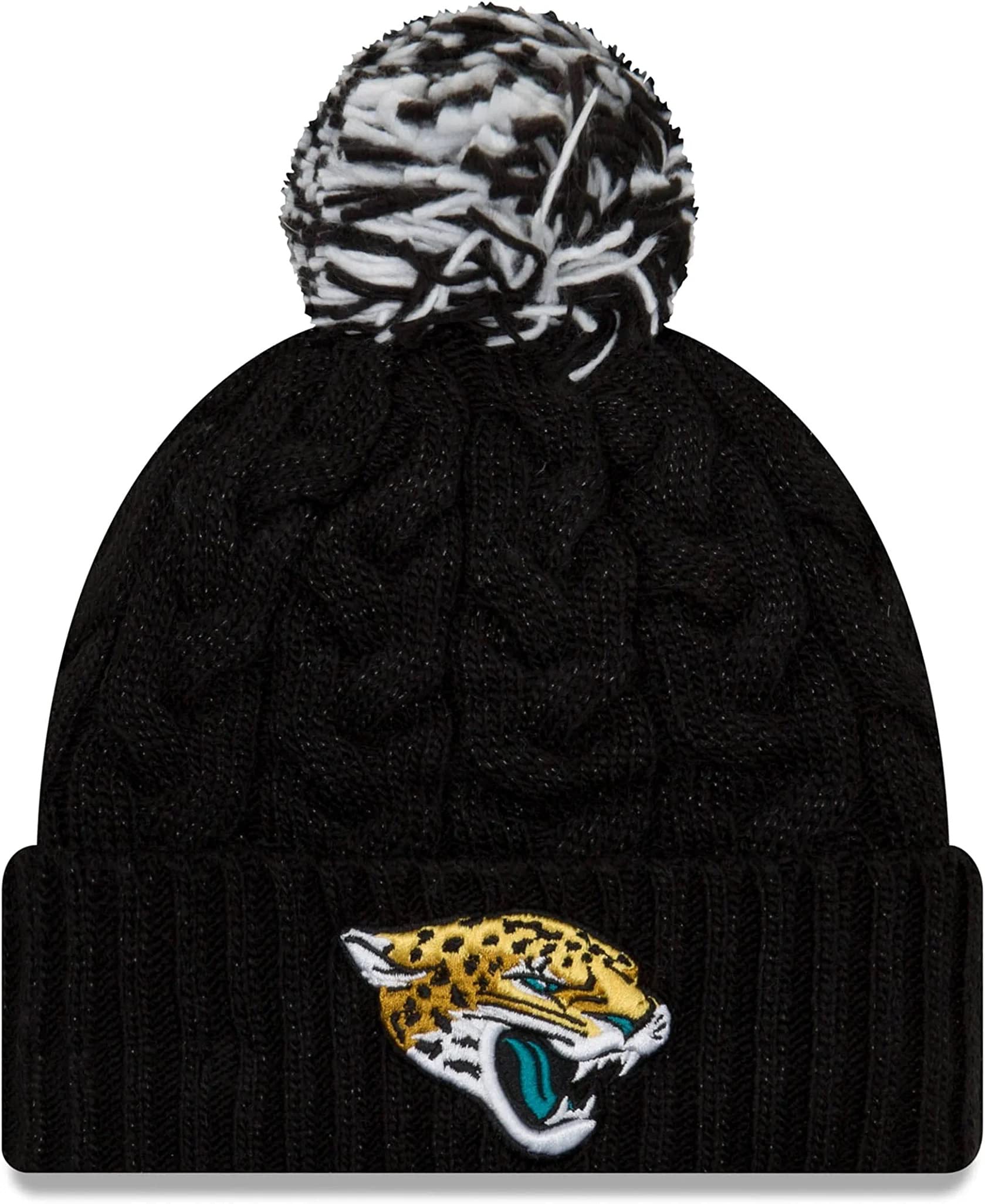 New Era Women's Jacksonville Jaguars - Black Nfl Official Cozy Cable Knit Cuff Pom Beanie Hat, One Size