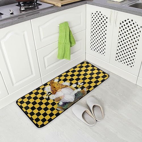 ZOEO Tapete de cocina con diseño de gnomos, margaritas, amarillo y negro, antideslizante, para baño, para interiores, atrapador de suciedad,