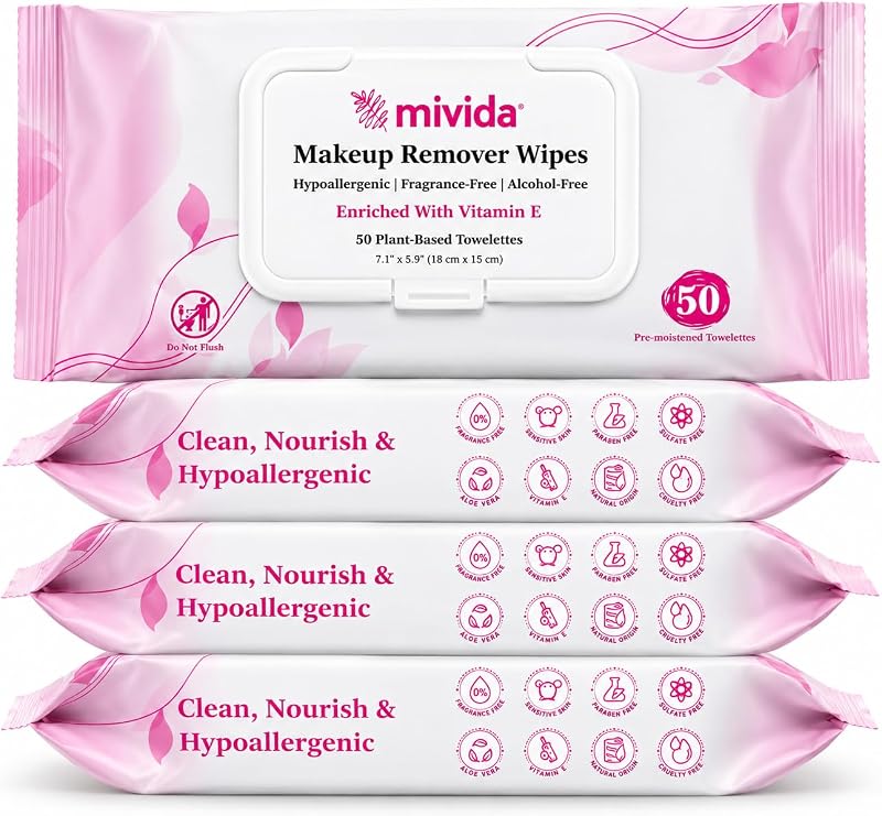 Lenços removedores de maquiagem mivida com Vitamina E, sem fragrância e sem álcool, 200 unidades (4 pacotes com 50)