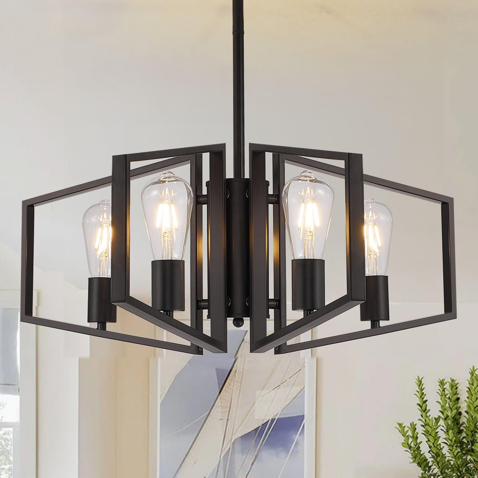 WJShome Black Chandelier, 4-Light Farmhouse Dining Room Light Fixture/Chandelier Over Table, Geometric Pendant Lights Kitchen Island, for Entryway,
