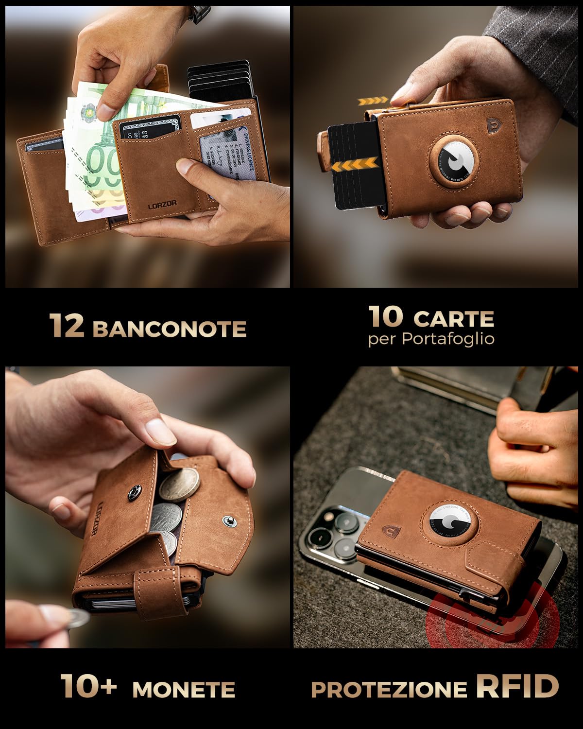 LORZOR Portafoglio Uomo Slim Airtag con Portamonete XXL, Porta Carte di Credito in Pelle con Protezione RFID, Portacarte Uomo Pop-up con Chiusura Magnetica,Wallet per 10 Carte, Porta Tessere Tascabile