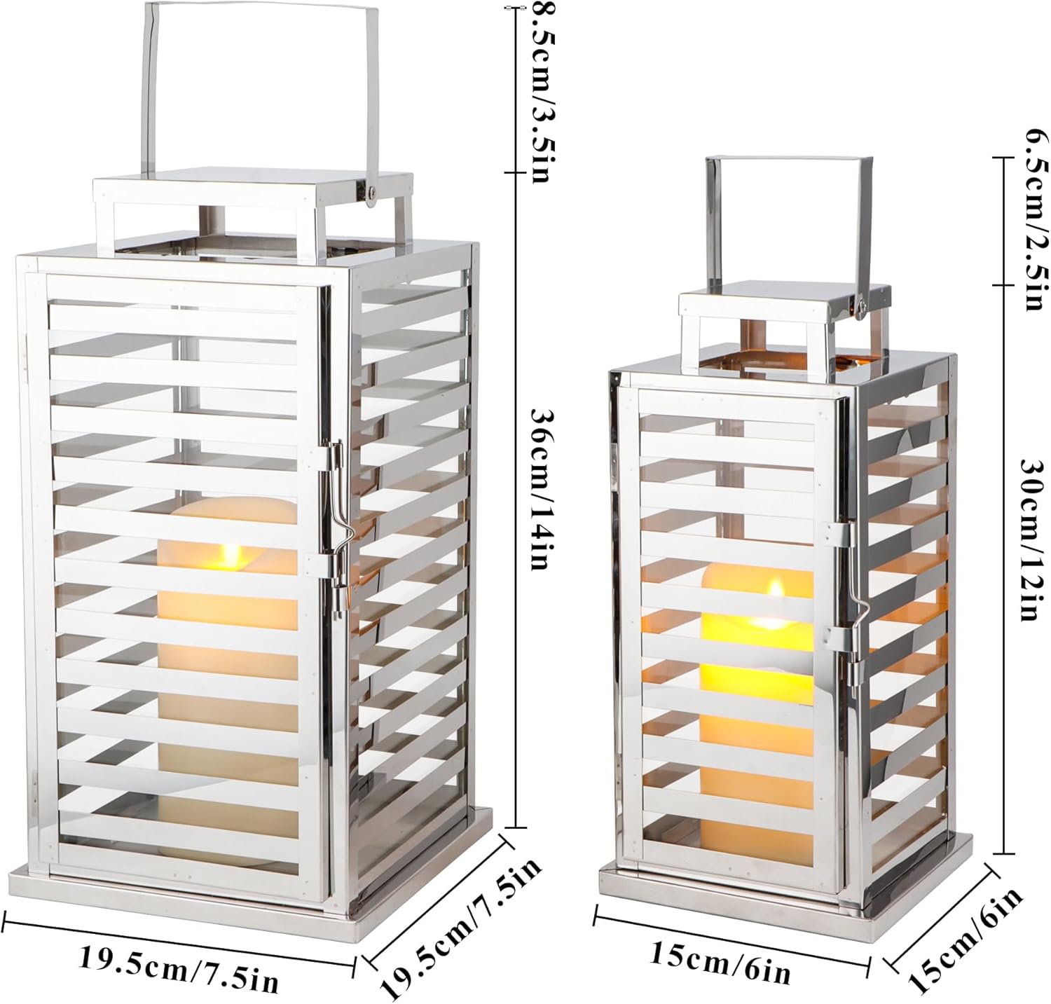 TRIROCKS Set of 2 Stainless Steel Lantern 15 &12" H Decorative Candle Lanterns with Tempered Glass Panels Indoor & Outdoor Candle Holder for Living Room Weeding Parties Events - Silver Finish