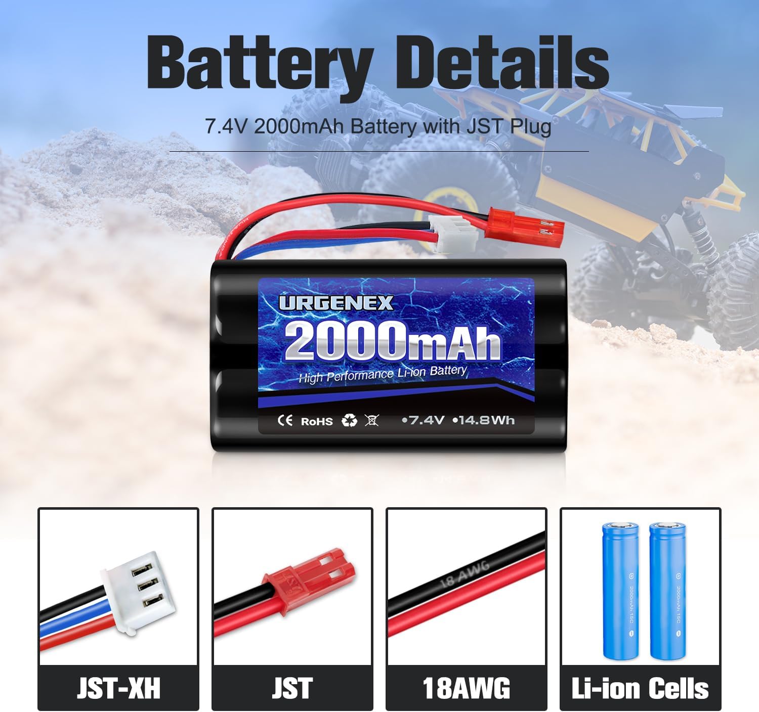 URGENEX 2000mAh 7.4 V Li-ion Battery with JST Plug 2S Rechargeable RC Battery with 1 to 2 USB Charger Fit for RC Helicopter Car Truck and RC Boats