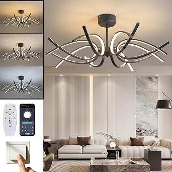Modern LED Ceiling Light Fixture,110W 7700 Lumen,Ceiling Lamp for Kitchen Bedroom Study Living Room Office Dining Room,Dimmable Remote Control Black -Ceiiling-BK224, Dia 37.4 x H 12.6 inch