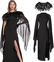 Aragallant Women's Gothic Dress, Adult Gothic Witch Costume, Women's Medieval Dress with Black Feather Shawl and Cuff, Evil Queen Costume for Halloween Carnival Cosplay