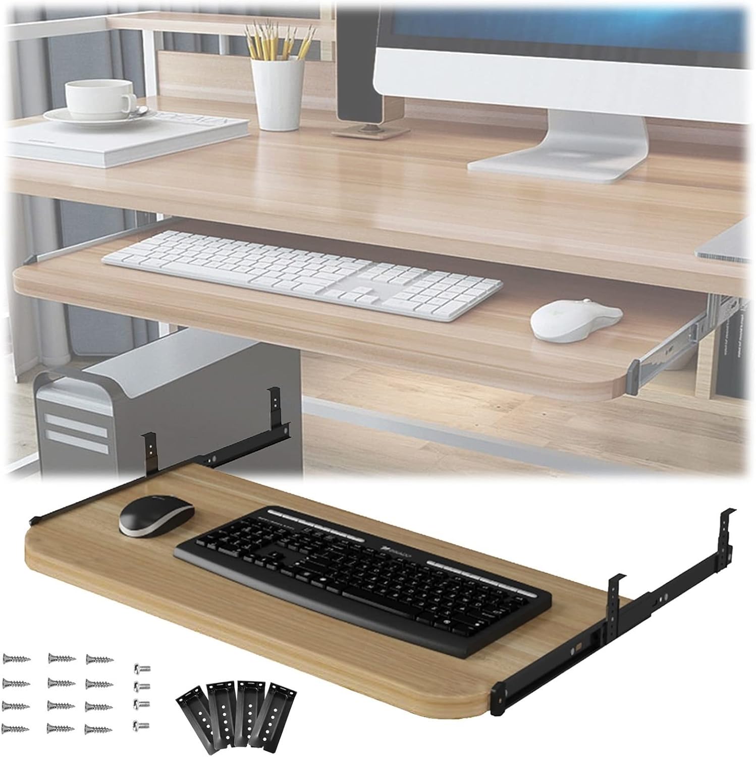Wood Keyboard Tray, 54/60/70x27cm, Adjustable Sliding Keyboard Tray