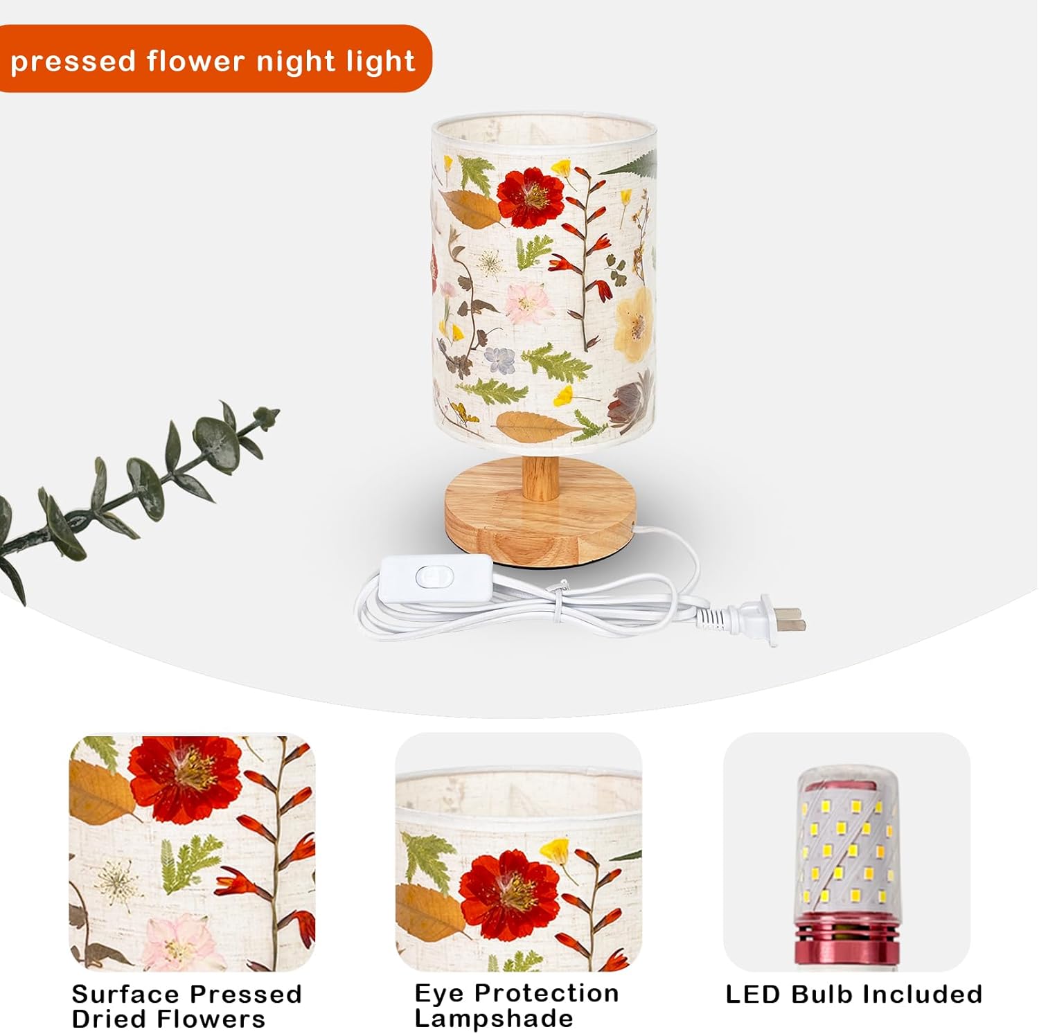 Dried Flowers Table Lamp, Vintage Floral Beside Lamp,5w Led 3-Color Cute Linen Shade Desk Lamp for Bedroom Office Nursery with Wood Base