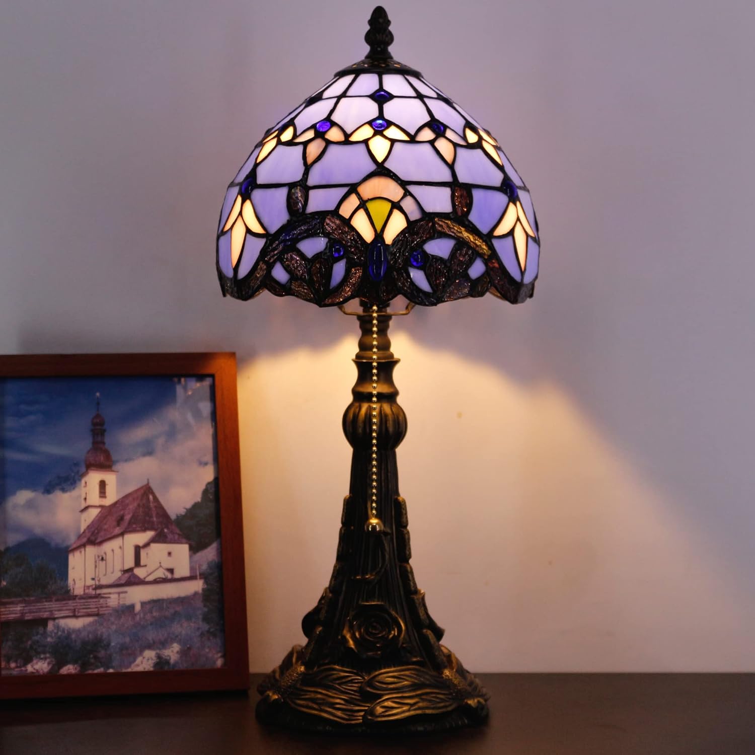 Small Tiffany Lamp Mini Stained Glass Desk Lamp Vintage Table Lamp Tiffany Style Night Light 8X17.5 Inch (Blue Baroque Style)